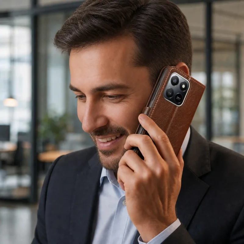 Telefon Honor X7d 4G / 5G podczas rozmowy w brązowym skórzanym etui