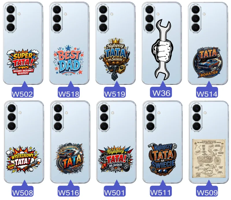 Różne wzory przezroczystych etui dla Taty do Samsung Galaxy S26 z kolorowymi nadrukami i motywami na Dzień Ojca i nie tylko