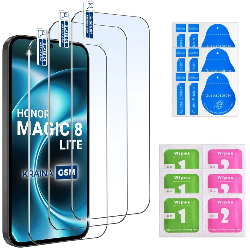 Zestaw 3 szkieł hartowanych 9H do Honor Magic 8 Lite z akcesoriami montażowymi