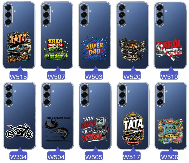 Kolekcja wzorów dla Taty i na Dzień Ojca do Samsung Galaxy S25:  kolorowe grafiki i napisy Super Tata, Super Dad, Najlepszy Tata Na Świecie i inne