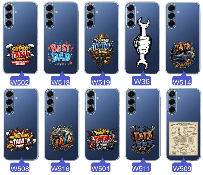 Różne wzory przezroczystych etui dla Taty do Samsung Galaxy S25 z kolorowymi nadrukami i motywami na Dzień Ojca i nie tylko