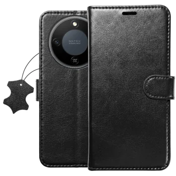 Etui do Honor Magic 8 Lite z klapką skórzane czarne ze szkłem