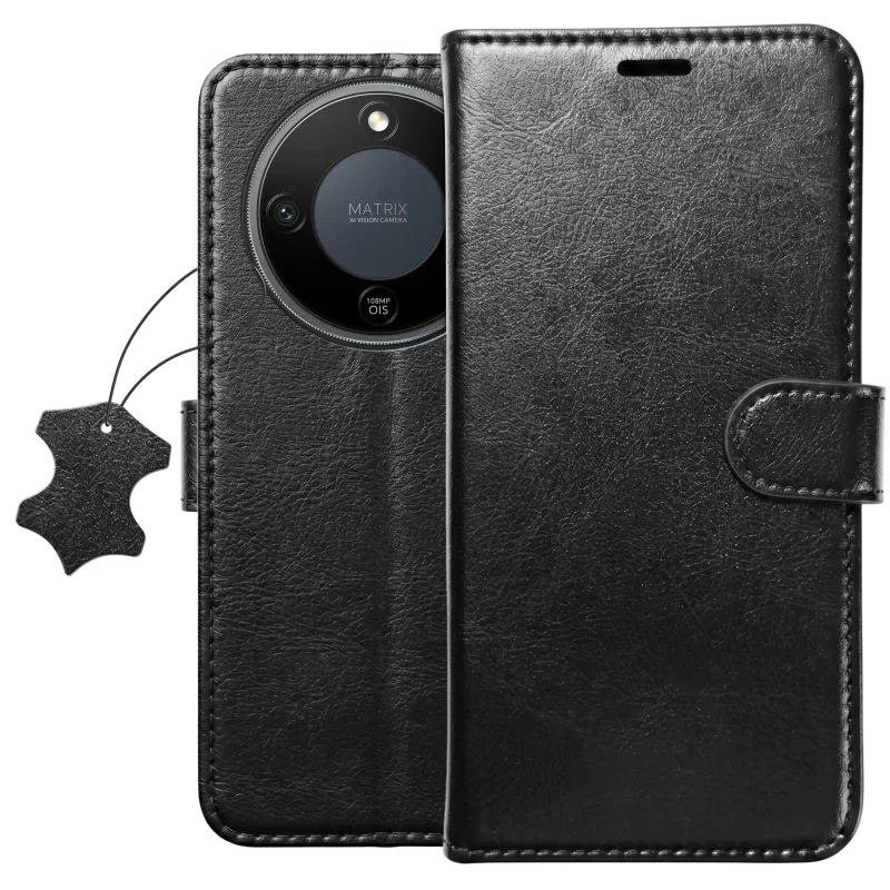 Czarne skórzane etui z klapką do Honor Magic 8 Lite widok z przodu i z tyłu