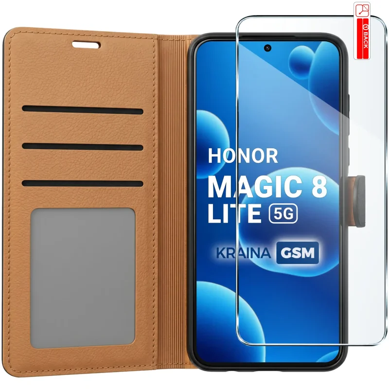Czarne skórzane etui zamykane do Honor Magic 8 Lite z trzema kieszonkami i szkłem 9H