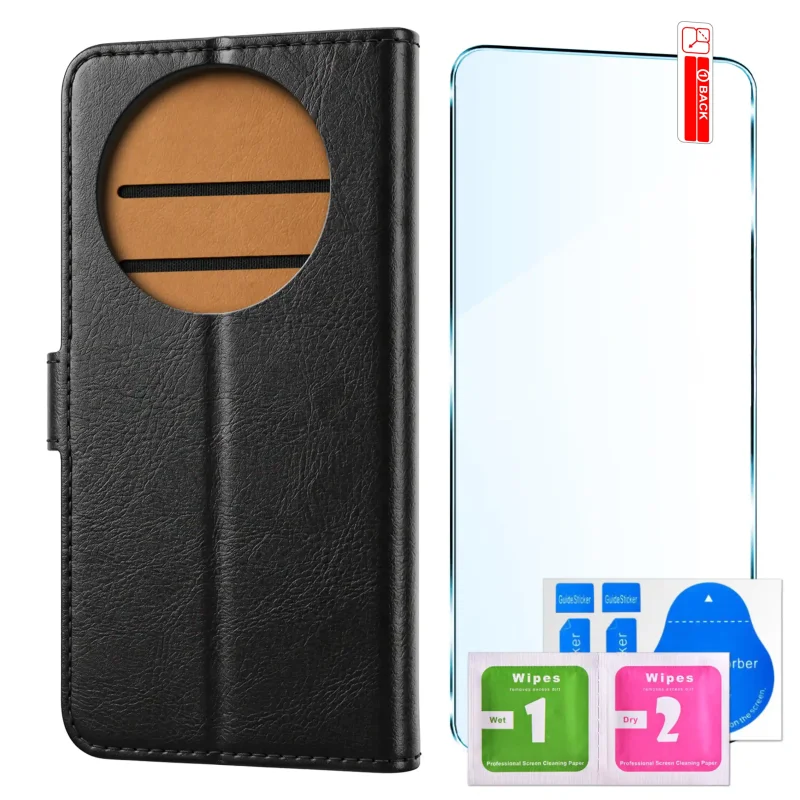 Czarne skórzane etui z klapką do Honor Magic 8 Lite oraz szkło hartowane 9H z zestawem montażowym