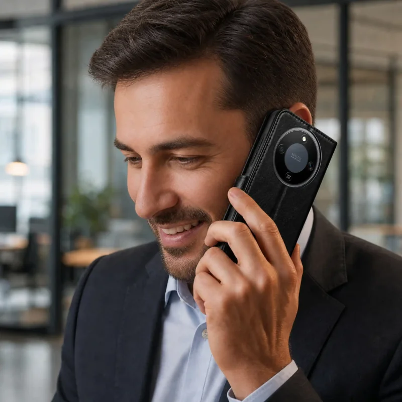 Czarne skórzane etui do Honor Magic 8 Lite podczas rozmowy telefonicznej