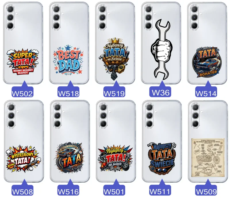 Różne wzory przezroczystych etui dla Taty do Samsung Galaxy A14 5G z kolorowymi nadrukami i motywami na Dzień Ojca i nie tylko