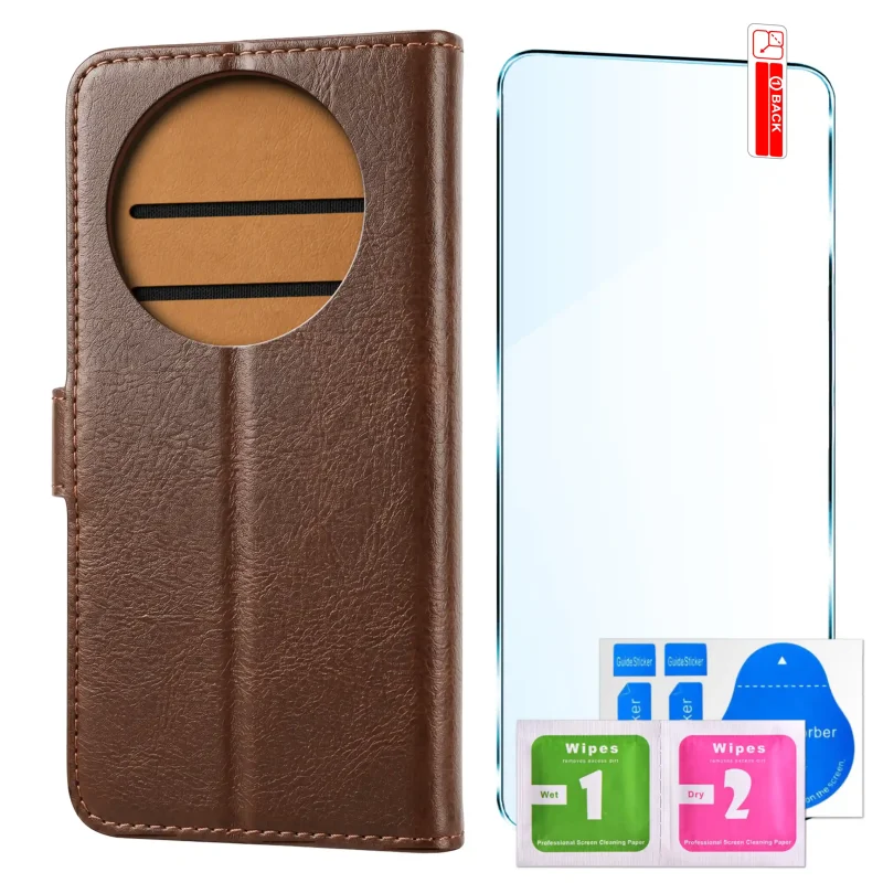 Brązowe skórzane etui z klapką do Honor Magic 8 Lite ze szkłem hartowanym i zestawem montażowym