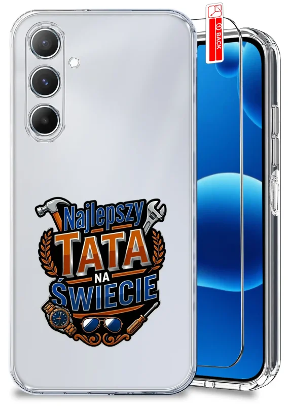 Przezroczyste etui dla Taty do Samsung Galaxy A16 5G z napisem Najlepszy Tata na Świecie oraz szkło hartowane w zestawie