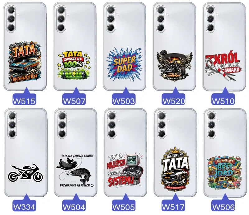 Kolekcja wzorów dla Taty i na Dzień Ojca do Samsung Galaxy M35 5G:  kolorowe grafiki i napisy Super Tata, Super Dad, Najlepszy Tata Na Świecie i inne