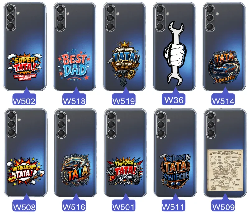 Różne wzory przezroczystych etui dla Taty do Samsung Galaxy M55 5G z kolorowymi nadrukami i motywami na Dzień Ojca i nie tylko