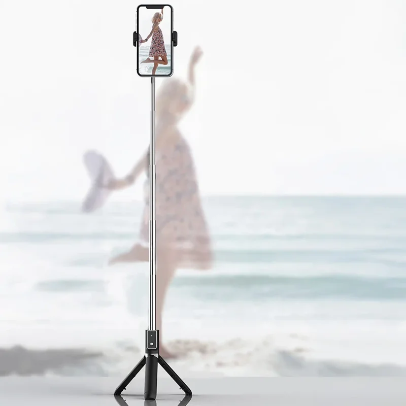 Kijek selfie stick ze statywem Blavec Coco P04 ustawiony jako tripod z maksymalnie wysuniętym teleskopem. Pilot Bluetooth umożliwia wykonywanie zdjęć na odległość podczas selfie, vlogów i zdjęć grupowych