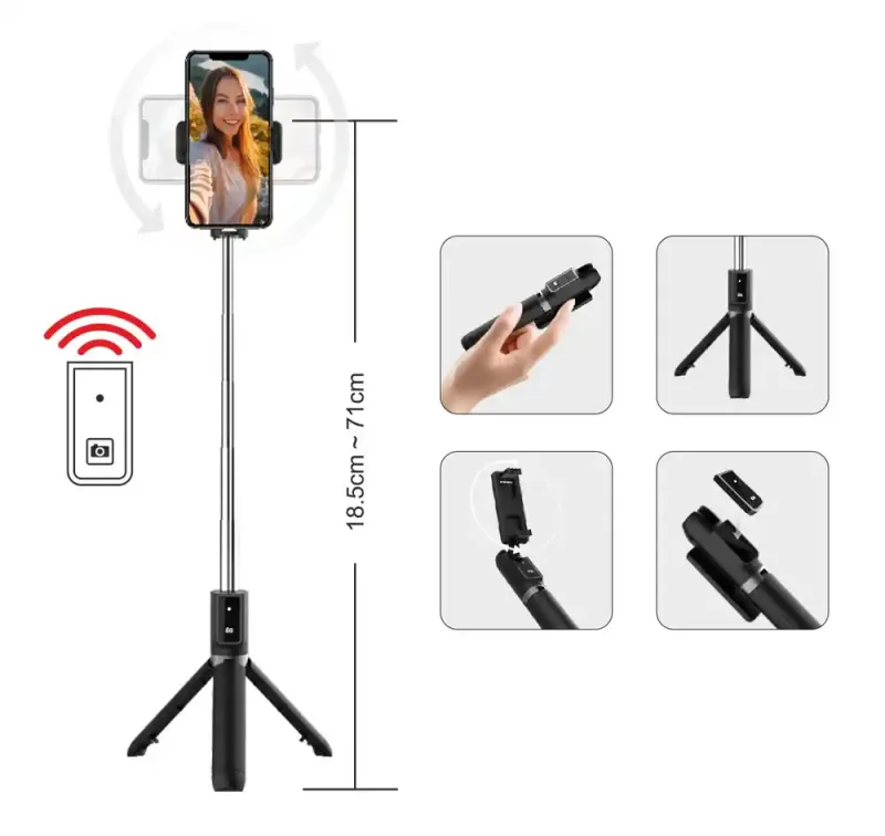 Kijek selfie stick Blavec Coco P04 z funkcją statywu tripod i pilotem Bluetooth. Regulowana długość od 18,5 do 71 cm oraz składana konstrukcja zapewniają wygodne użytkowanie w różnych warunkach