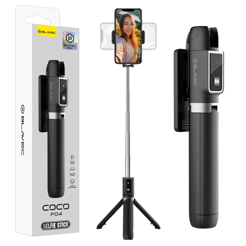 Kijek selfie stick ze statywem Blavec Coco P04 z pilotem Bluetooth, teleskopową regulacją 18,5–71 cm oraz opakowaniem producenta. Kompaktowa konstrukcja obsługuje smartfony o szerokości od 6,5 do 9,5 cm