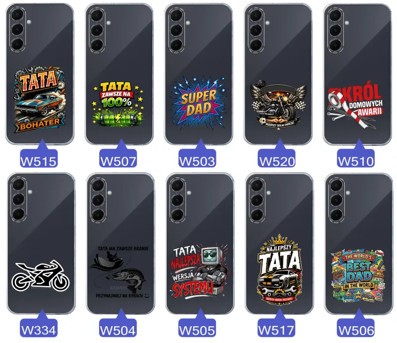 Kolekcja wzorów dla Taty i na Dzień Ojca do Samsung Galaxy A35 5G:  kolorowe grafiki i napisy Super Tata, Super Dad, Najlepszy Tata Na Świecie i inne