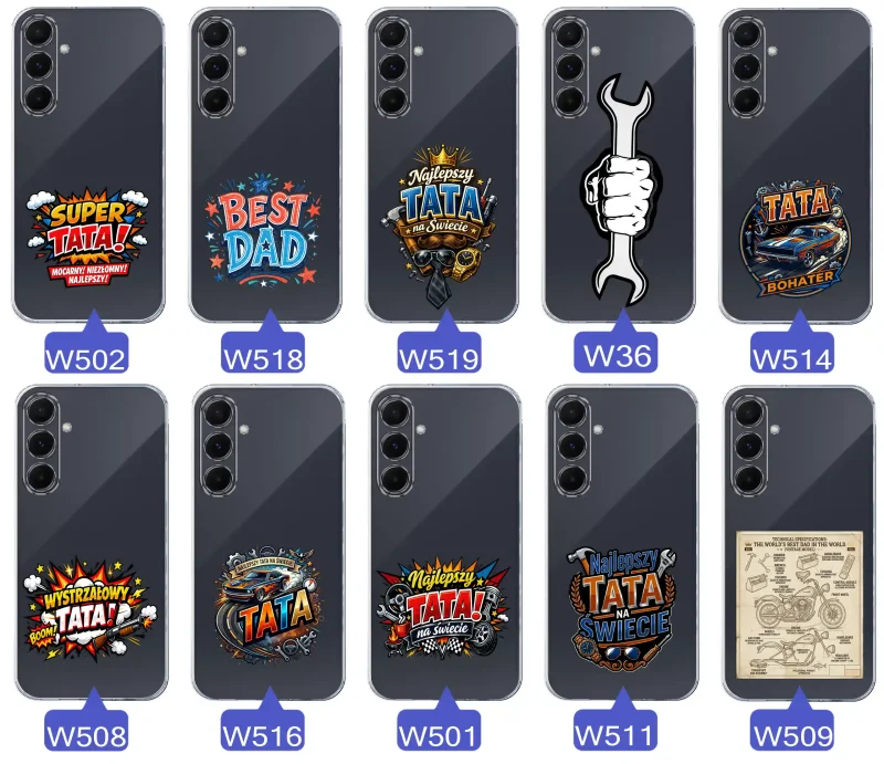 Różne wzory przezroczystych etui dla Taty do Samsung Galaxy A35 5G z kolorowymi nadrukami i motywami na Dzień Ojca i nie tylko