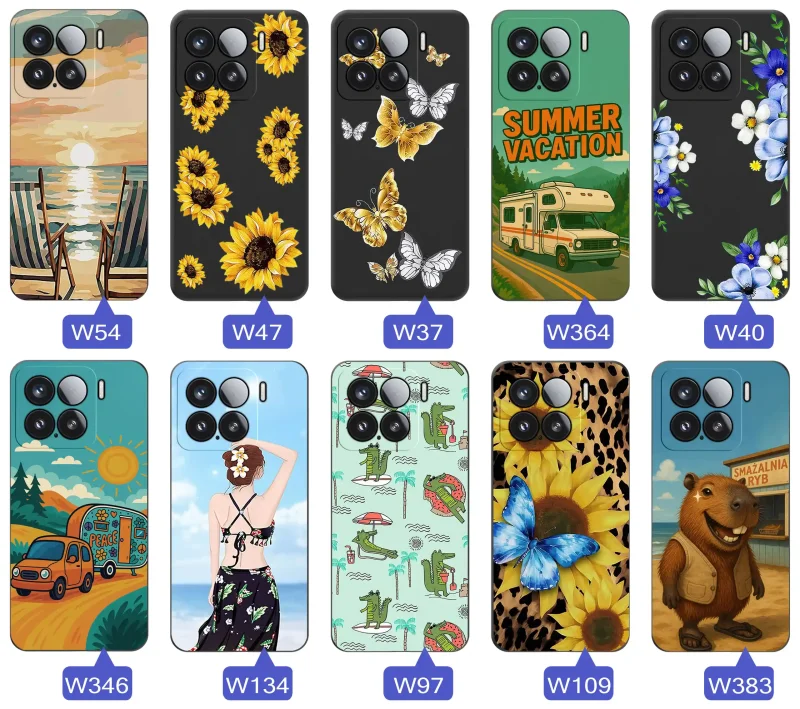Zestaw etui do Xiaomi 15 Pro z letnimi wzorami słoneczników, motyli, kampera, plaży, krokodyli i kapibary