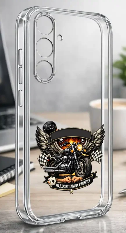 Silikonowe bezbarwne etui do Samsung Galaxy S23 FE z kolorowym napisem Najlepszy Tata, prezentowane na biurku