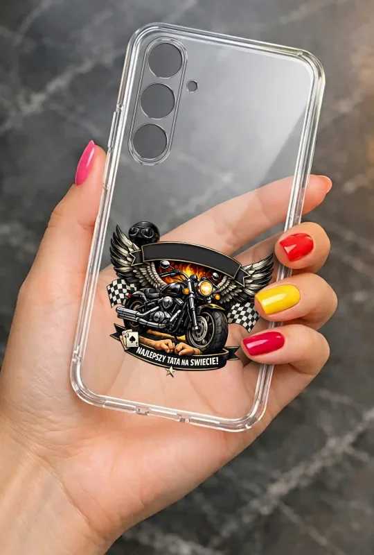 Transparentne etui 2 mm do Samsung Galaxy S23 FE dla Taty z wzorem Najlepszy Tata: elegancki wygląd smartfona w dłoni