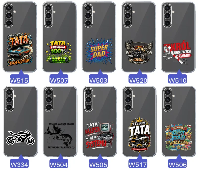 Kolekcja wzorów dla Taty i na Dzień Ojca do Samsung Galaxy S23 FE:  kolorowe grafiki i napisy Super Tata, Super Dad, Najlepszy Tata Na Świecie i inne