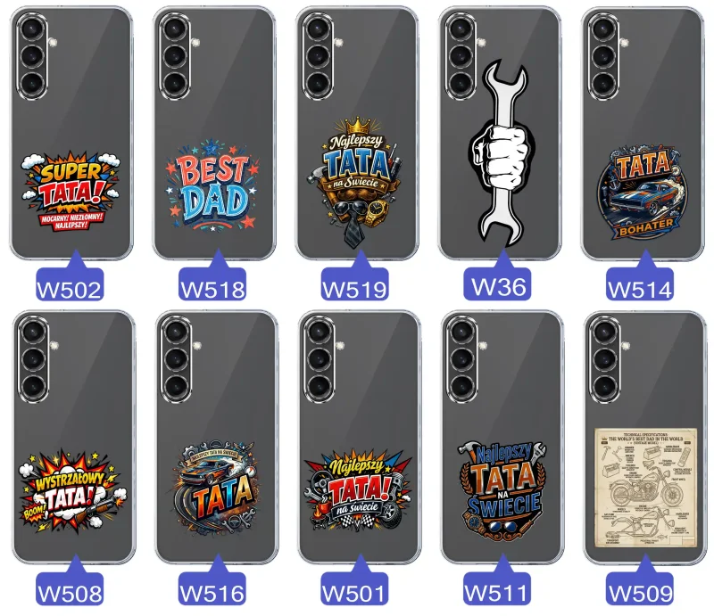 Różne wzory przezroczystych etui dla Taty do Samsung Galaxy S23 FE z kolorowymi nadrukami i motywami na Dzień Ojca i nie tylko