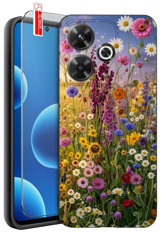 Etui wakacyjne do Xiaomi Redmi 13 4G z kolorowym nadrukiem polnych kwiatów oraz szkłem hartowanym 9H