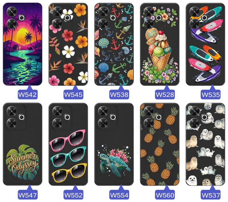 Kolekcja etui wakacyjnych do Xiaomi Redmi 13 4G z palmami, kwiatami, kotwicami, lodami, deskami SUP, fokami i ananasami
