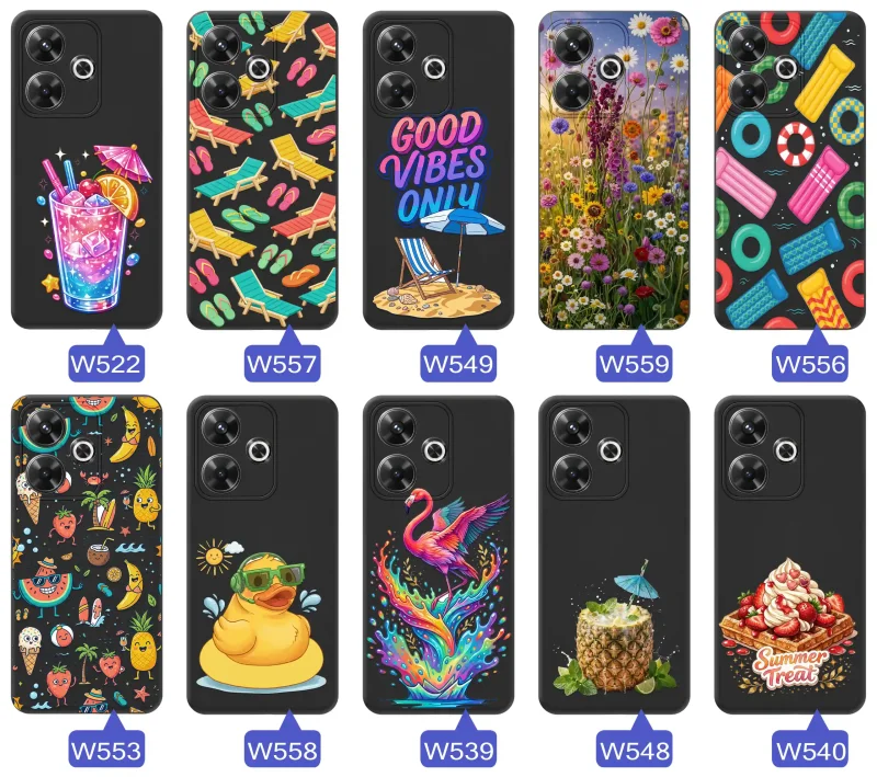 Różne letnie wzory etui do Xiaomi Redmi 13 4G z motywami leżaków, napojów, kwiatów, materacy, flamingów i owoców