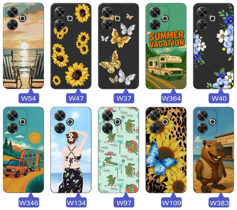 Zestaw etui do Xiaomi Redmi 13 4G z letnimi wzorami słoneczników, motyli, kampera, plaży, krokodyli i kapibary