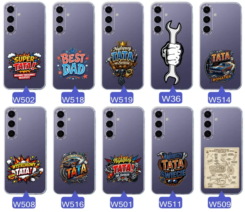 Różne wzory przezroczystych etui dla Taty do Samsung Galaxy S24+ Plus z kolorowymi nadrukami i motywami na Dzień Ojca i nie tylko