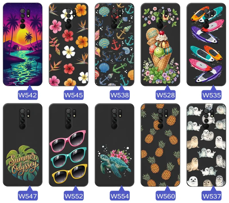 Kolekcja etui wakacyjnych do Xiaomi Redmi 9 z palmami, kwiatami, kotwicami, lodami, deskami SUP, fokami i ananasami