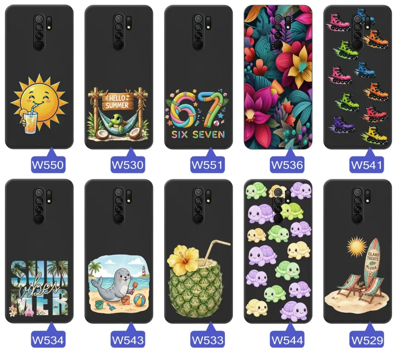 Różne etui wakacyjne do Xiaomi Redmi 9 ze słońcem, hamakiem, motywem 67, kwiatami, rolkami i plażowymi grafikami