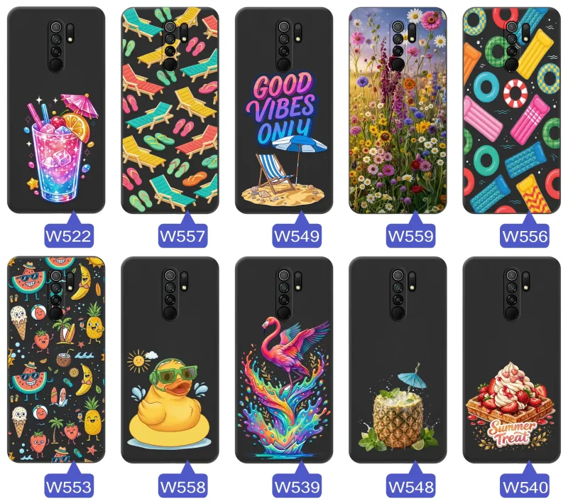 Różne letnie wzory etui do Xiaomi Redmi 9 z motywami leżaków, napojów, kwiatów, materacy, flamingów i owoców