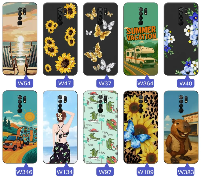 Zestaw etui do Xiaomi Redmi 9 z letnimi wzorami słoneczników, motyli, kampera, plaży, krokodyli i kapibary