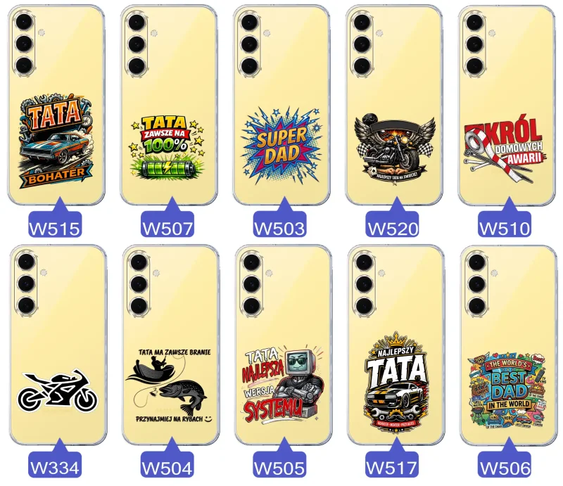 Kolekcja wzorów dla Taty i na Dzień Ojca do Samsung Galaxy S24 FE:  kolorowe grafiki i napisy Super Tata, Super Dad, Najlepszy Tata Na Świecie i inne
