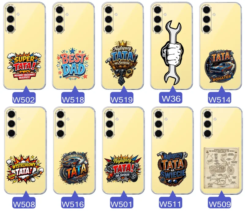 Różne wzory przezroczystych etui dla Taty do Samsung Galaxy S24 FE z kolorowymi nadrukami i motywami na Dzień Ojca i nie tylko
