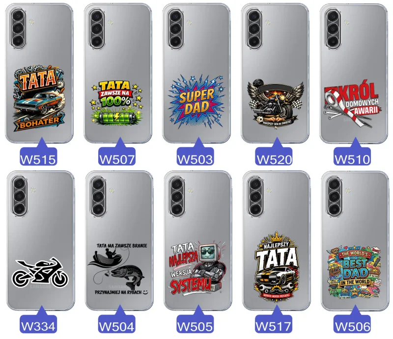 Kolekcja wzorów dla Taty i na Dzień Ojca do Samsung Galaxy A17 5G:  kolorowe grafiki i napisy Super Tata, Super Dad, Najlepszy Tata Na Świecie i inne