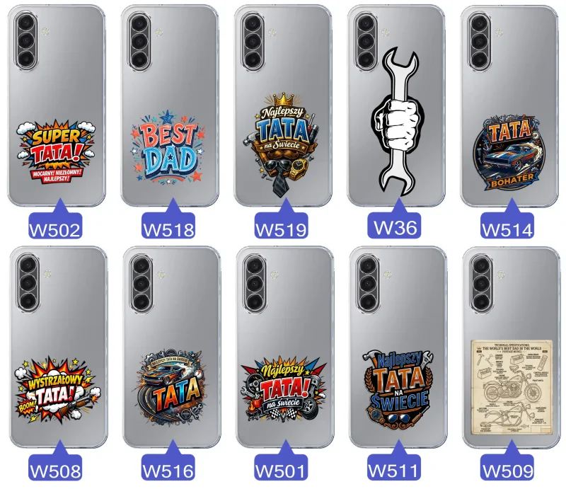 Różne wzory przezroczystych etui dla Taty do Samsung Galaxy A17 5G z kolorowymi nadrukami i motywami na Dzień Ojca i nie tylko