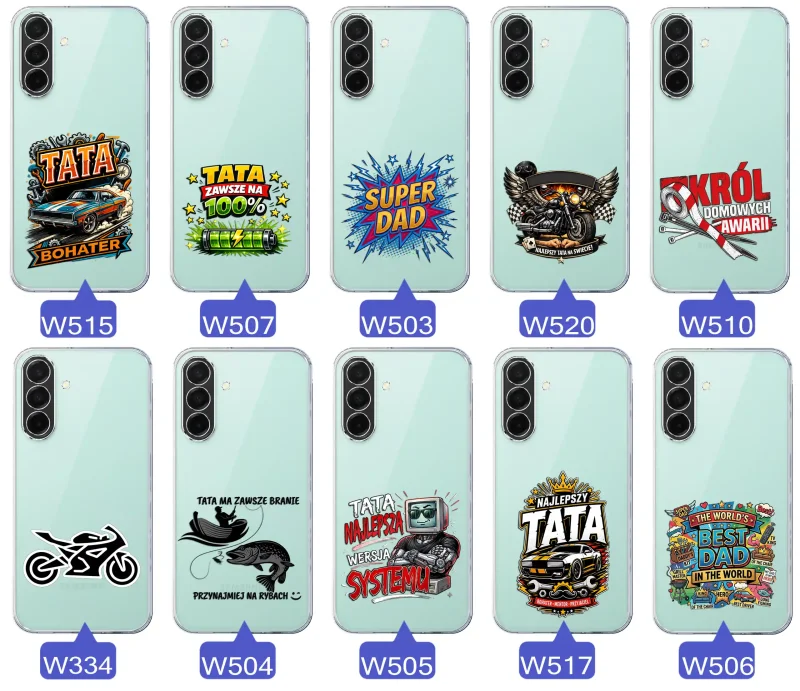 Kolekcja wzorów dla Taty i na Dzień Ojca do Samsung Galaxy A26 5G:  kolorowe grafiki i napisy Super Tata, Super Dad, Najlepszy Tata Na Świecie i inne