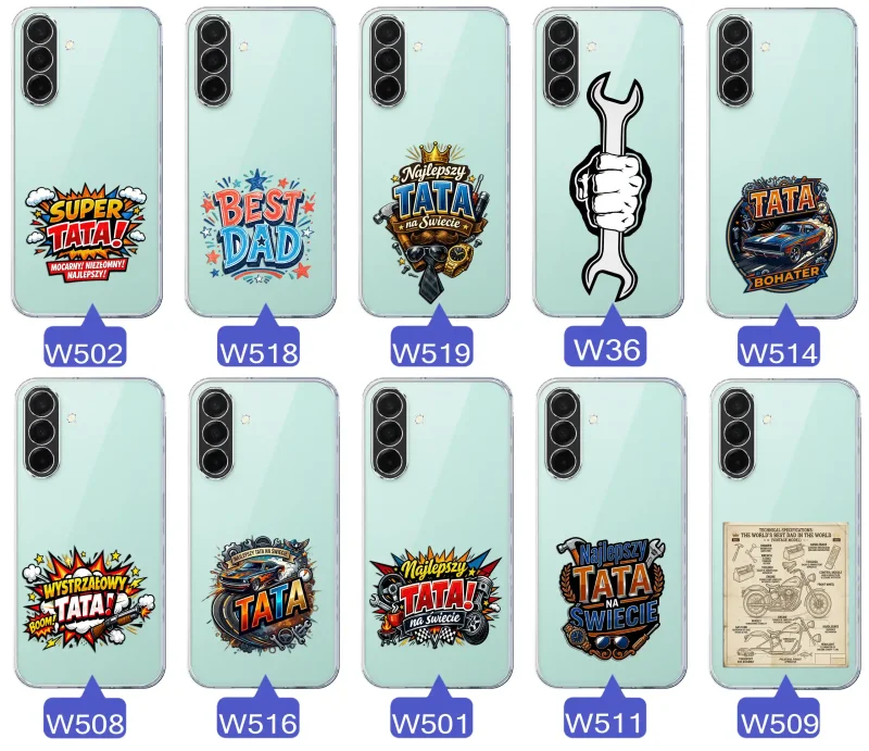 Różne wzory przezroczystych etui dla Taty do Samsung Galaxy A26 5G z kolorowymi nadrukami i motywami na Dzień Ojca i nie tylko