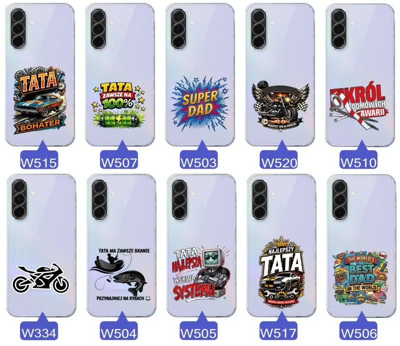 Kolekcja wzorów dla Taty i na Dzień Ojca do Samsung Galaxy A36 5G:  kolorowe grafiki i napisy Super Tata, Super Dad, Najlepszy Tata Na Świecie i inne