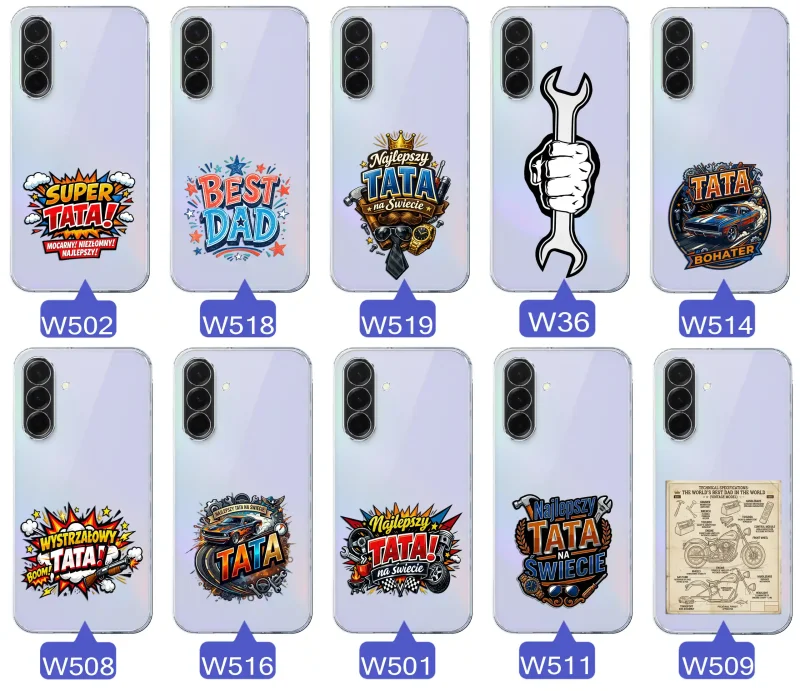 Różne wzory przezroczystych etui dla Taty do Samsung Galaxy A36 5G z kolorowymi nadrukami i motywami na Dzień Ojca i nie tylko