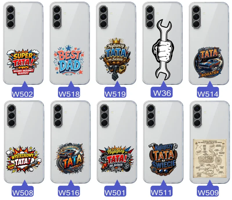 Różne wzory przezroczystych etui dla Taty do Samsung Galaxy A56 5G z kolorowymi nadrukami i motywami na Dzień Ojca i nie tylko