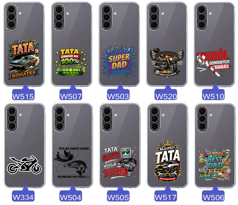 Kolekcja wzorów dla Taty i na Dzień Ojca do Samsung Galaxy A57 5G:  kolorowe grafiki i napisy Super Tata, Super Dad, Najlepszy Tata Na Świecie i inne