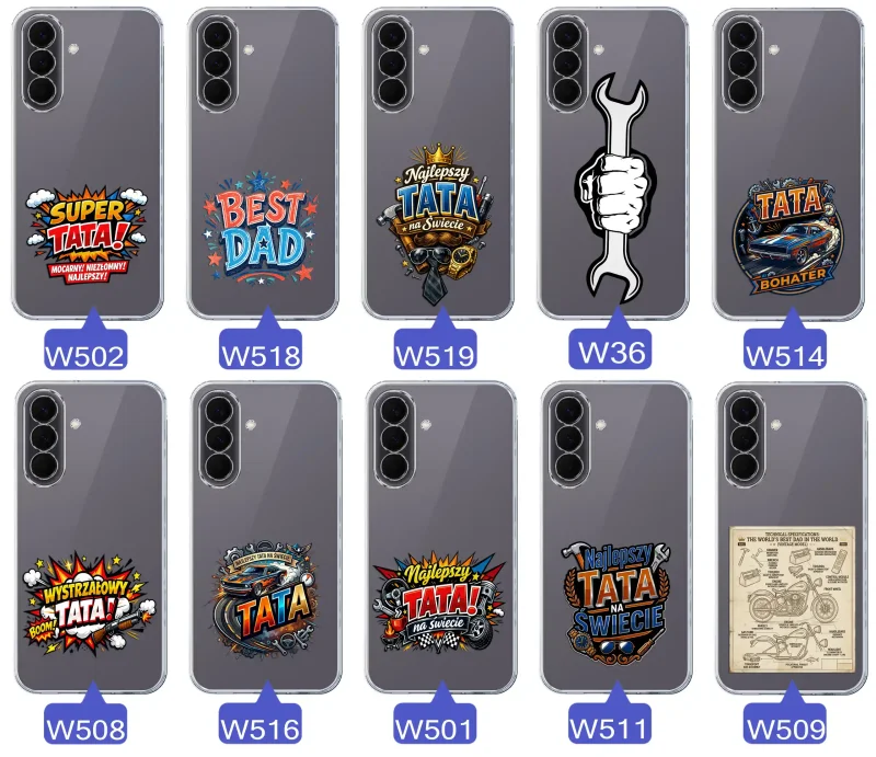 Różne wzory przezroczystych etui dla Taty do Samsung Galaxy A57 5G z kolorowymi nadrukami i motywami na Dzień Ojca i nie tylko