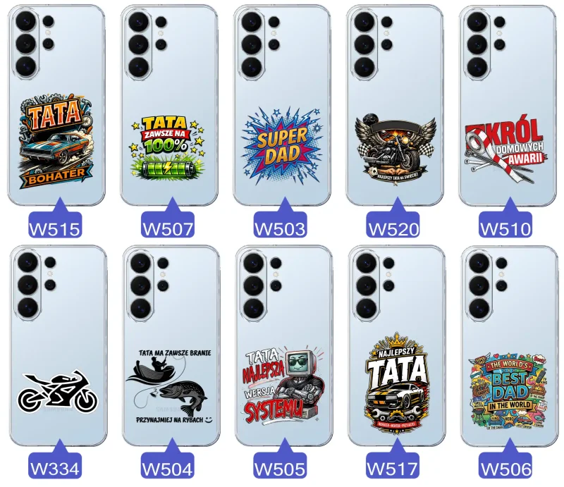Kolekcja wzorów dla Taty i na Dzień Ojca do Samsung Galaxy S26 Ultra:  kolorowe grafiki i napisy Super Tata, Super Dad, Najlepszy Tata Na Świecie i inne