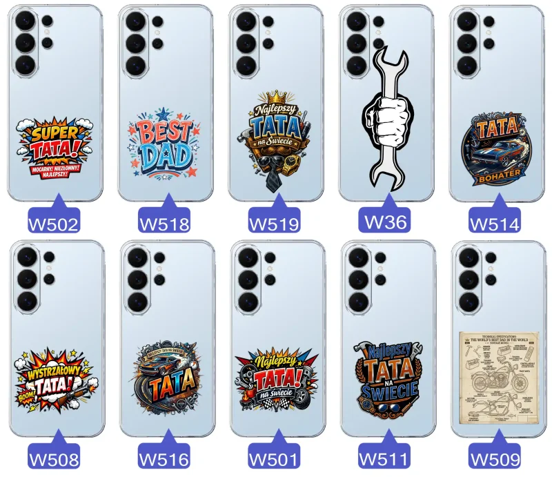 Różne wzory przezroczystych etui dla Taty do Samsung Galaxy S26 Ultra z kolorowymi nadrukami i motywami na Dzień Ojca i nie tylko