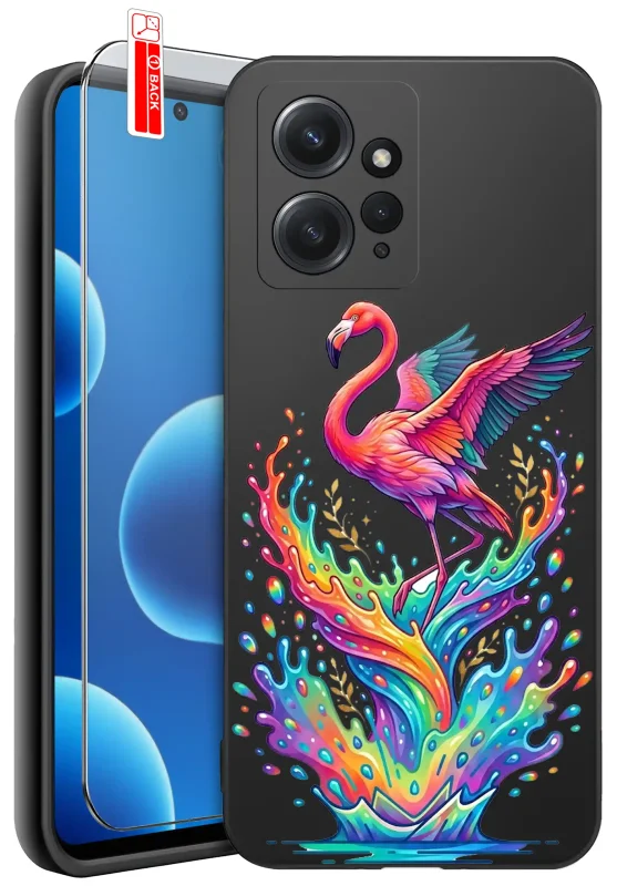Etui wakacyjne do Xiaomi Redmi 12 4G z kolorowym nadrukiem flaminga i wielobarwnych fal oraz szkłem hartowanym 9H