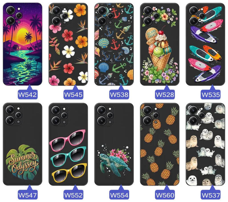 Kolekcja etui wakacyjnych do Xiaomi Redmi 12 4G z palmami, kwiatami, kotwicami, lodami, deskami SUP, fokami i ananasami