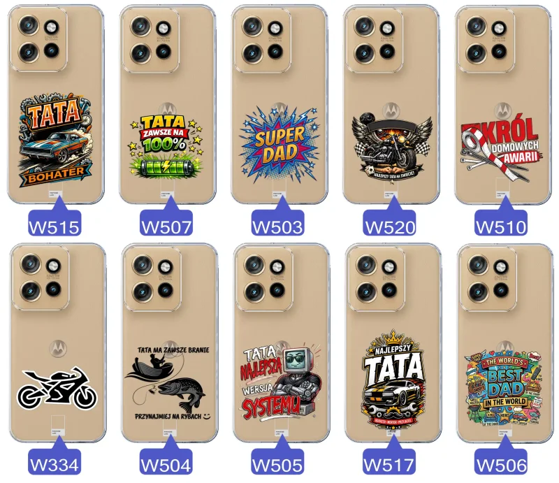 Kolekcja wzorów dla Taty i na Dzień Ojca do Motorola Edge 50 Neo:  kolorowe grafiki i napisy Super Tata, Super Dad, Najlepszy Tata Na Świecie i inne